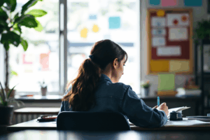 a student practicing grammar at their desk, writing sentences