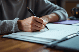 a college student journaling at their desk with a coffee mug beside them