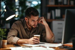A person sitting at a desk, looking thoughtfully at their work while holding a coffee cup