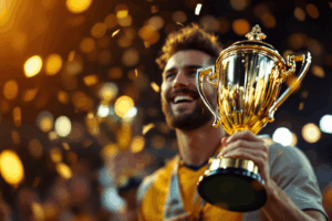  a winner holding a trophy after a competition or game