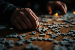 a person (John) solving a puzzle, with emphasis on the action of completing the task