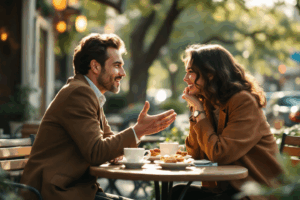 two people meeting for the first time, with one person speaking about the other.