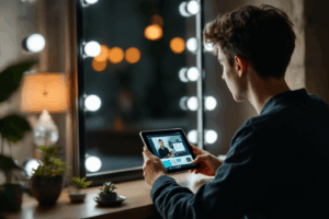 a college student sits in front of a mirror reviewing their own video presentation on a tablet