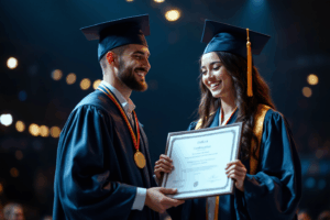 a student receiving a prize for their achievement, with a certificate or medal in hand