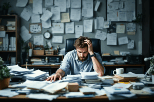 A stressed worker sitting at a desk, overwhelmed by a mountain of paperwork and a cluttered workspace
