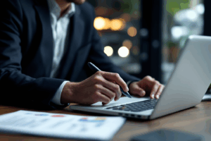 A business professional reviewing a report on their laptop