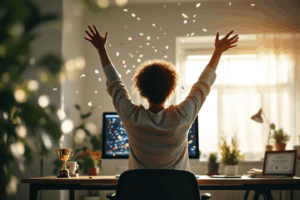 A calming, serene workspace showing a person celebrating small wins