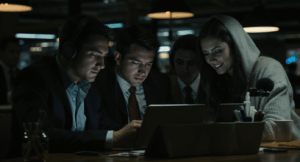 an office man or woman or young professionals typing in a laptop or checking their emails