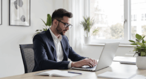 an office man or woman or young professionals typing in a laptop or checking their emails