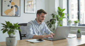 an office man or woman or young professionals typing in a laptop or checking their emails