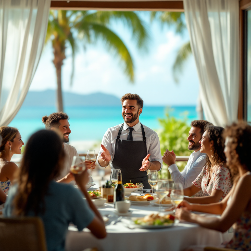 a confident, professional server smiling while attending to happy international customers at a beautiful resort restaurant.